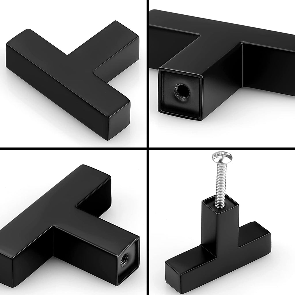 5 Pack) Flat Black Square Cabinet Knobs Stainless Steel 2 Inch(50mm) Overall Length Drawer Pulls Single Hole T Bar