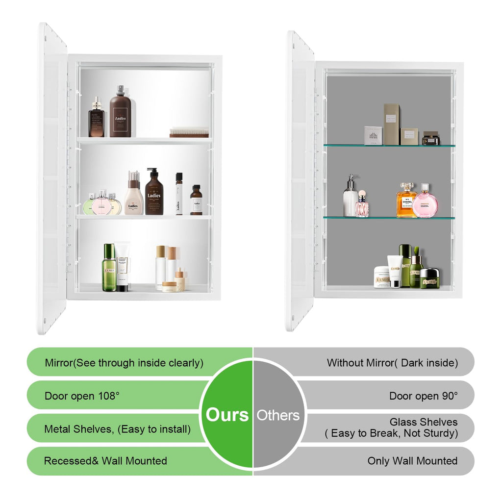 White Bathroom Medicine Cabinet with Mirror 16 x 24 Metal Frame Recessed Or Wall Mounted Single Door Storage Medicine