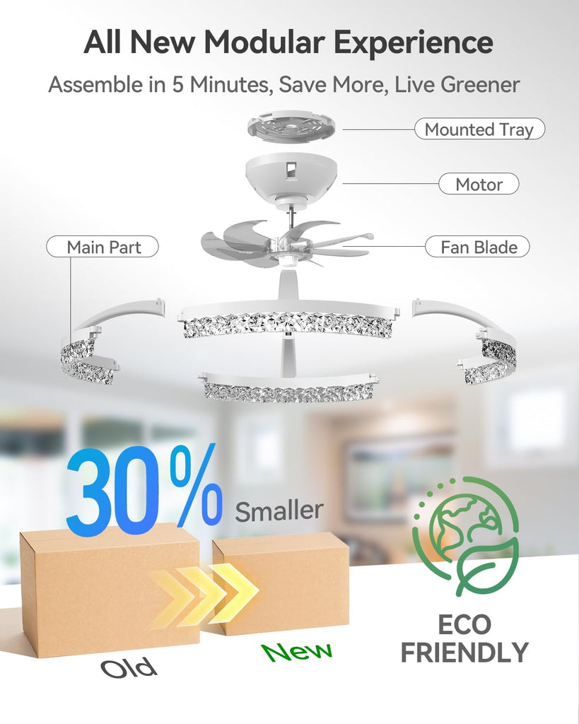 Ceiling Fans with Lights and Remote, 20'' Low Profile Ceiling Fans, 3000-6000K Dimmable Modern Flush Mount LED Fan Light, Fandelier Ceiling Fan for Bedroom, Kitchen, Living Room, White A101-B0DP27M8RT