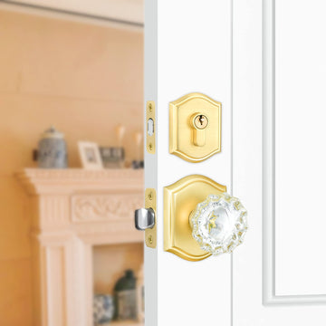 Crystal Glass Passage Door Knob and Single Cylinder Deadbolt Combo Set, Satin Brass Finish, Keyed Alike