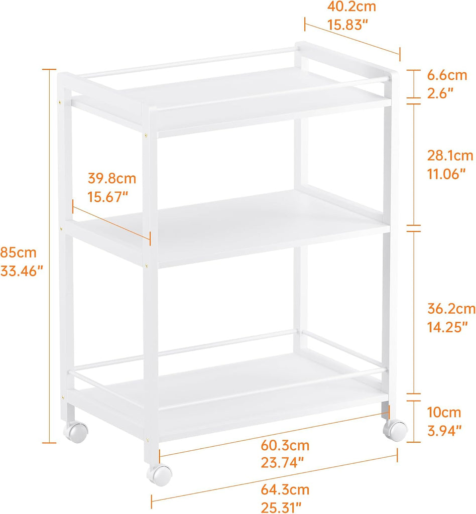White Bar Cart, Home Bar Serving Cart, Kitchen Trolley on Wheels with Storage, 3 Tier Rolling Beverage Cart Kitchen