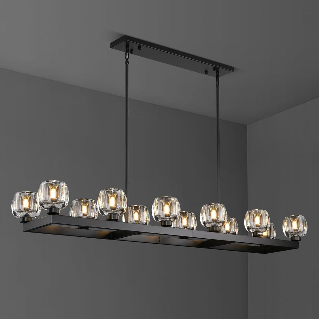 54 Inch Black Rectangle Chandeliers for Dining Room, Black Rectangular Chandelier Over Table, Modern Crystal Long Chandelier, Farmhouse Large Linear Chandeliers for Kitchen Island A126-B0DT4CJ34C
