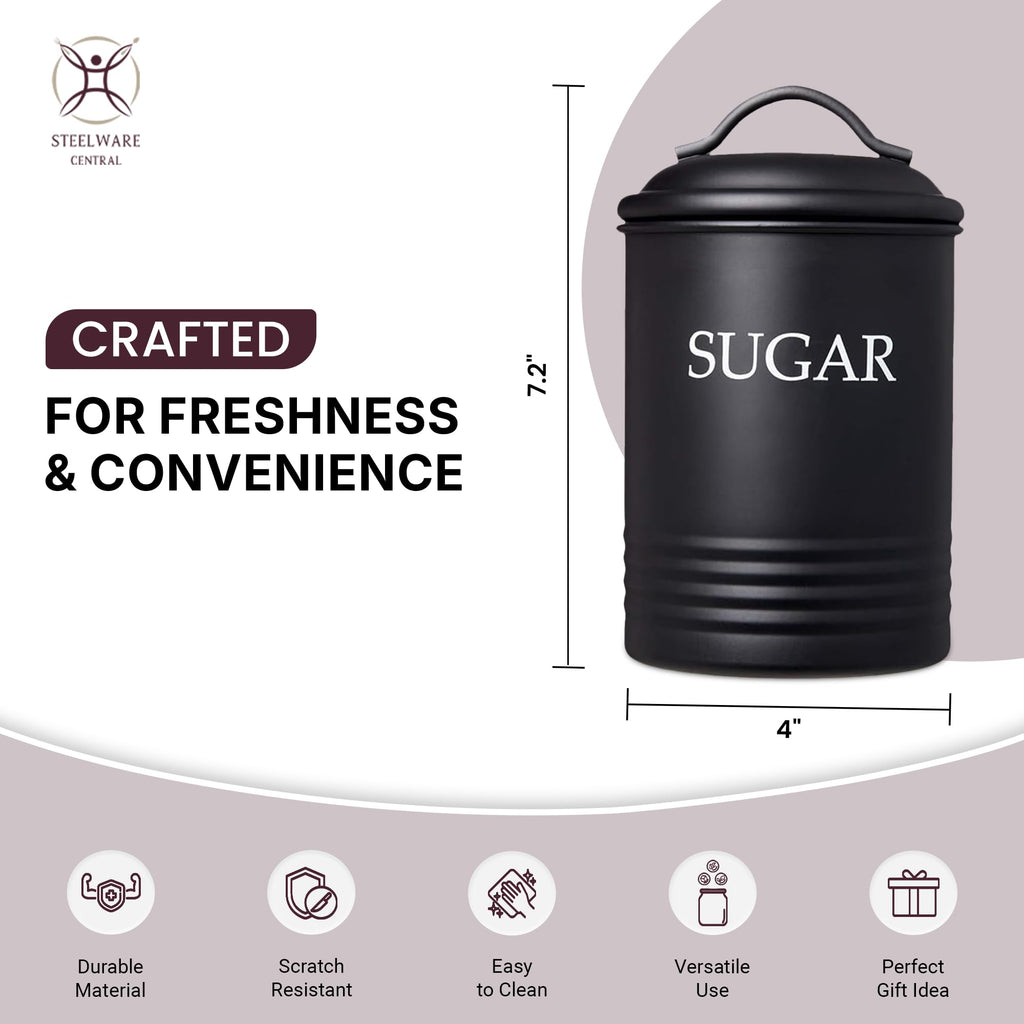 Black Kitchen Canister Set of 3 - Airtight Food Storage Containers with Lids for Sugar, Coffee & Tea, Stainless Steel