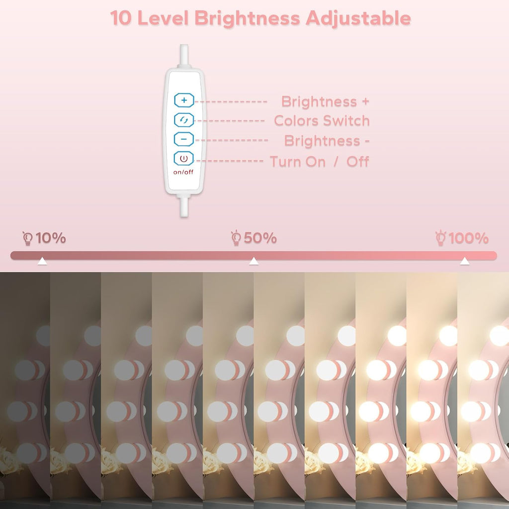 LED Vanity Lights For Mirror, Pink Vanity Light Stick on with 10 Bulbs