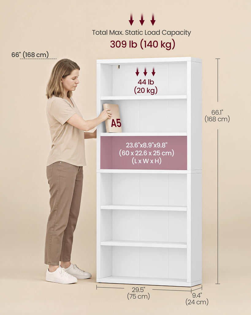 6-Tier Bookshelf, Minimalist Bookcase with Adjustable Shelves