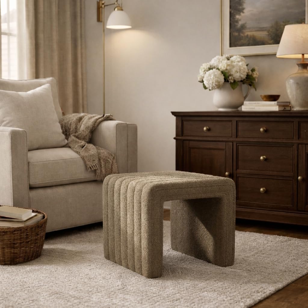 19" Modern Channel Tufted Ottoman - Brown Boucle