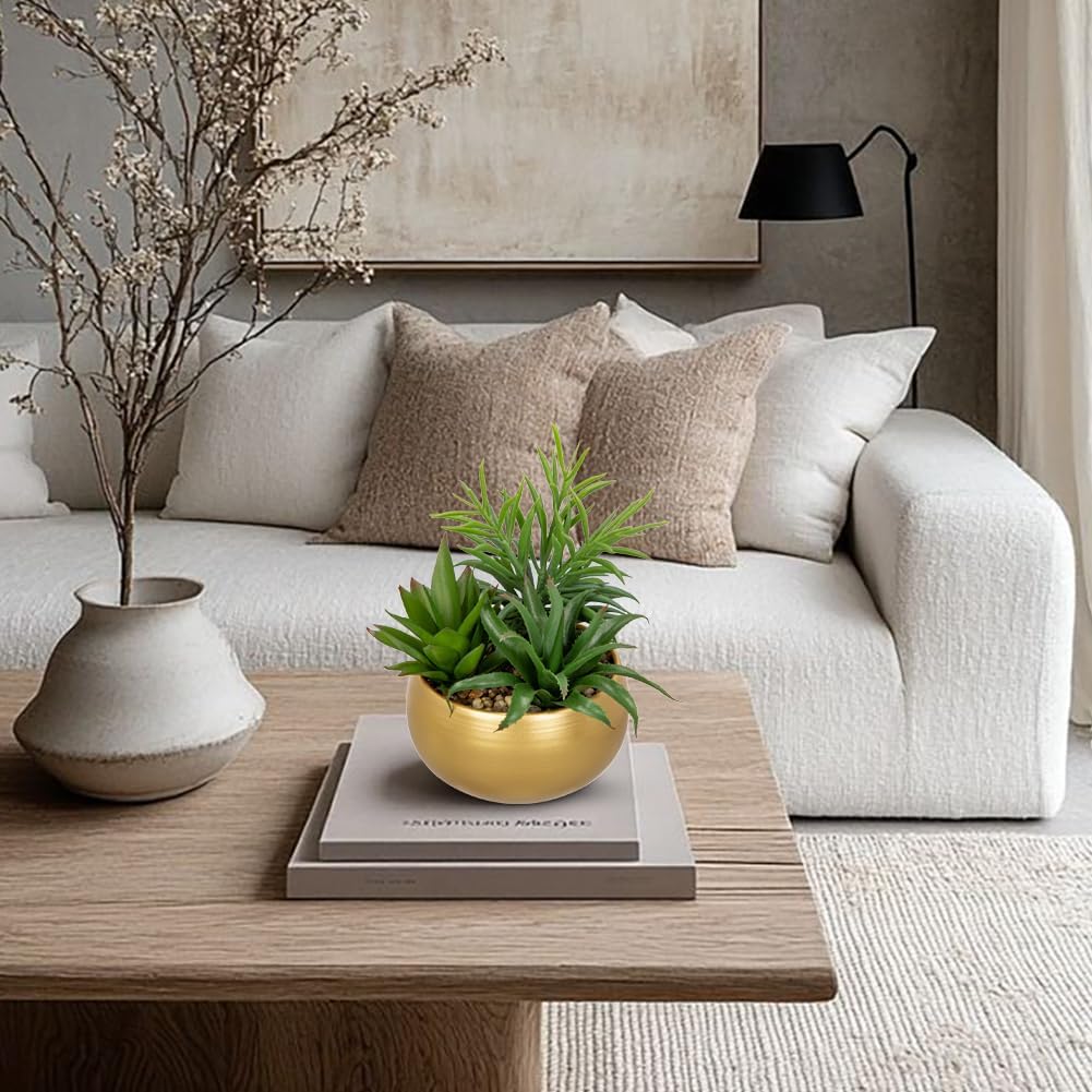 Fake Succulents in Gold Metal Pot, Artificial Succulent Plants Arrangement Decor, Small Faux Potted Plants Tabletop