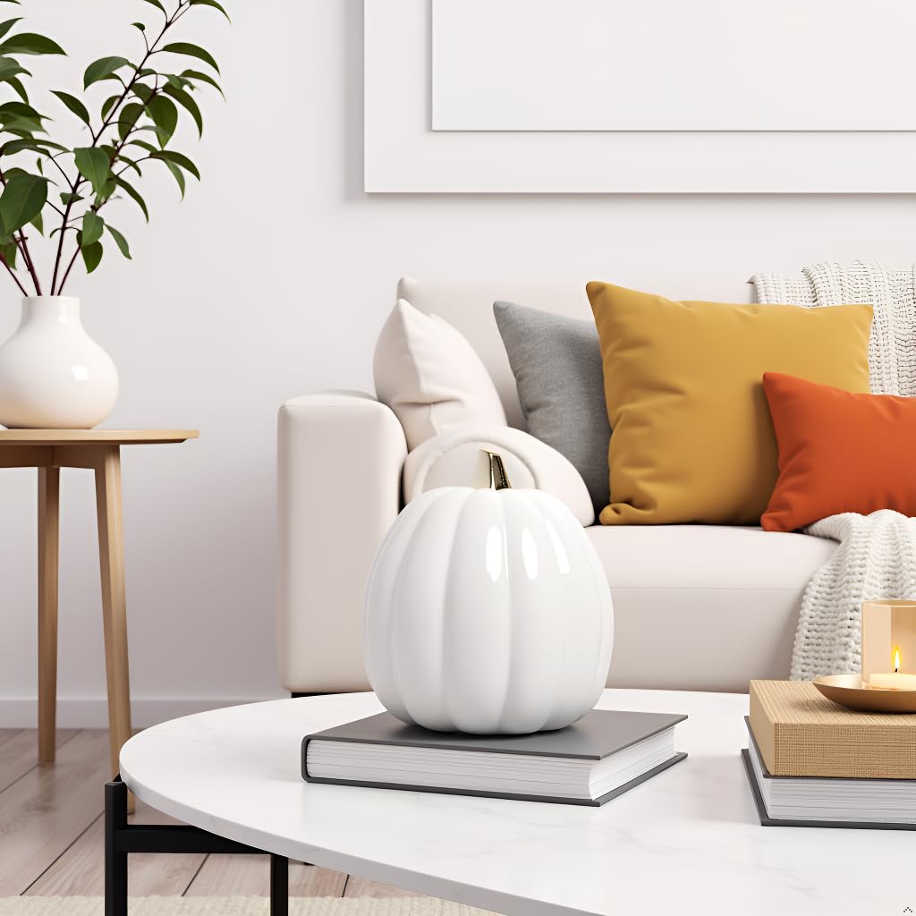 Ceramic Pumpkin Fall Decor with Gold Stem, White
