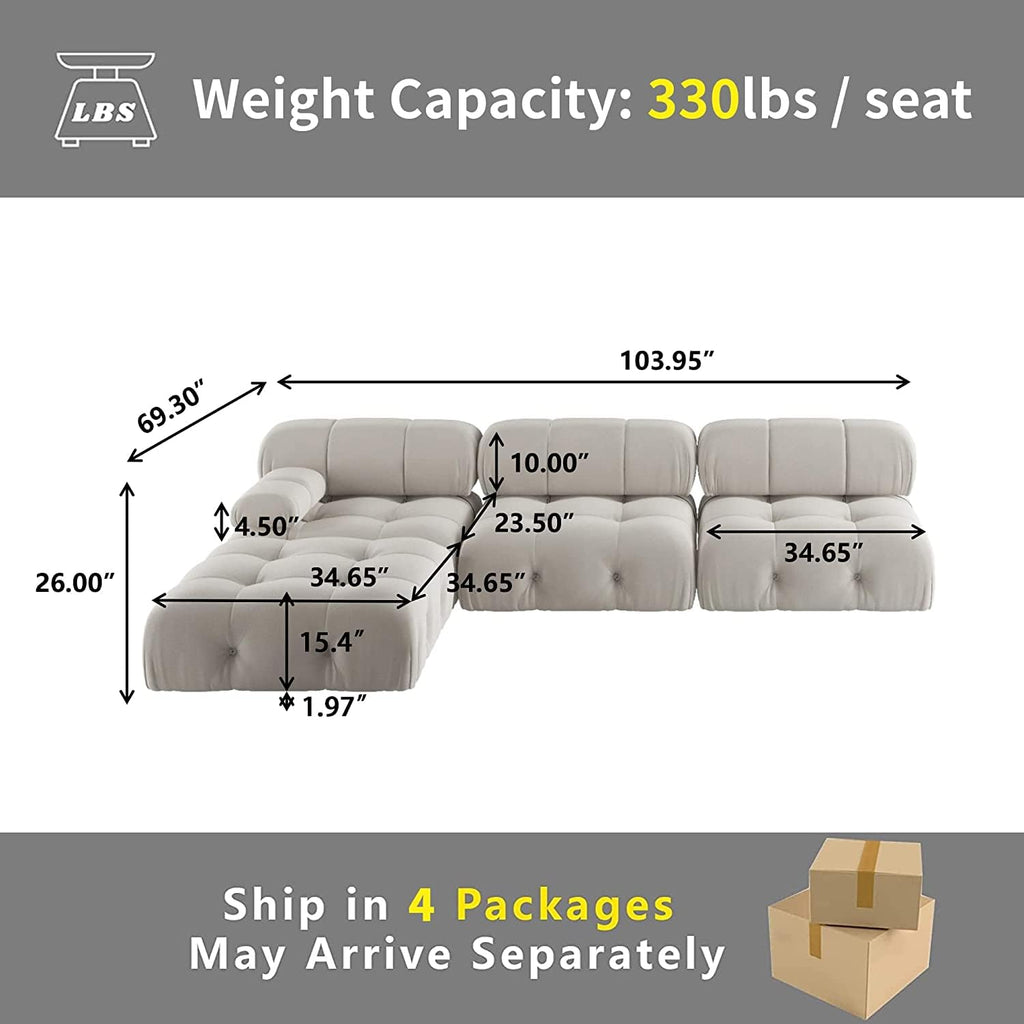 L-Shaped Sectional Couch, 104'' Minimalist Velvet Floor Sofas Couches, Mid-Century Modular Sectional Sofa with