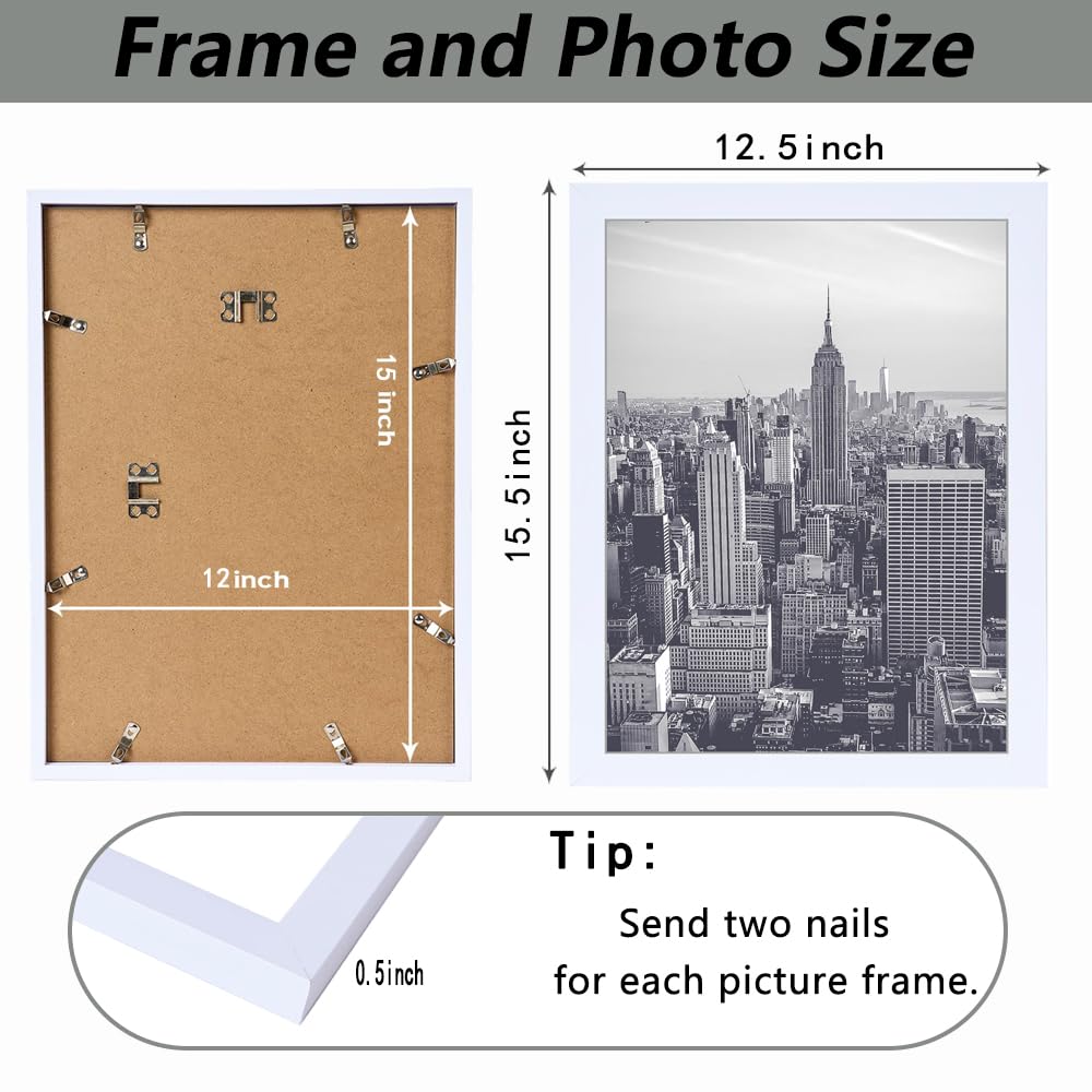 12x15 Picture Frame in White, Photo Frames with Plexiglass, Horizontal and Vertical Formats for Wall Mounting Wall