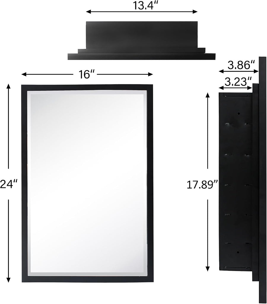 Black Metal Framed Recessed Bathroom Medicine Cabinet with Mirror Rectangle Beveled Vanity Mirrors for Wall 16 x 24