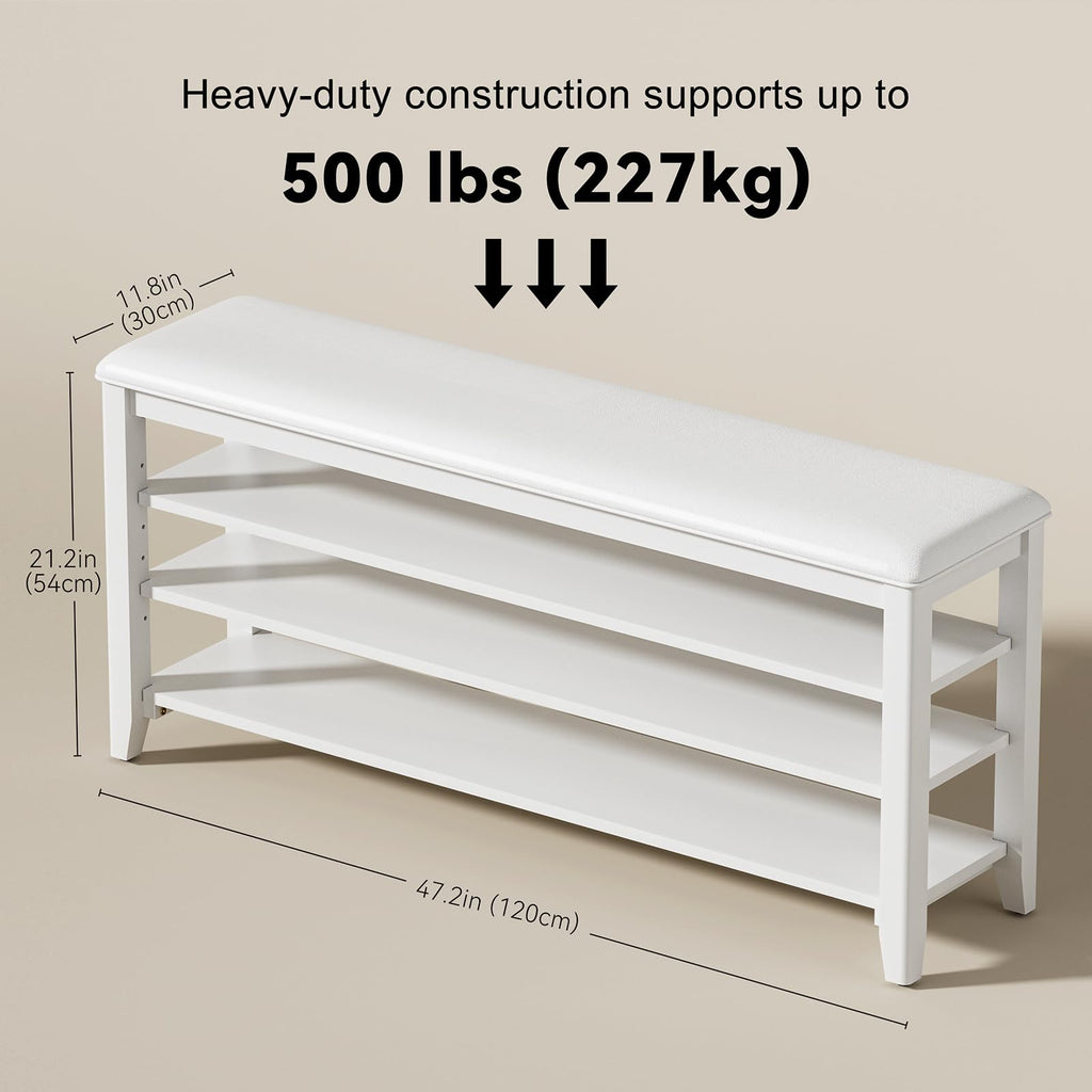 Shoe Rack Bench with 3 Tier Adjustable Shelves Rubberwood Entryway