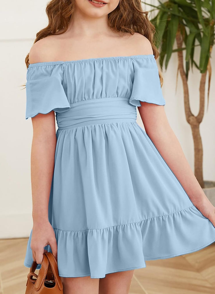Girls Summer Tie Back Dresses Kids Off Shoulder Dress