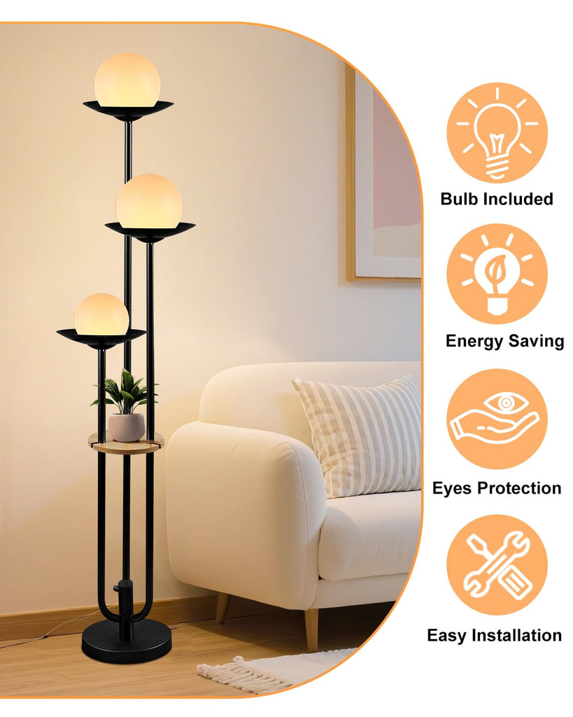 Globe Floor Lamp with Shelf 3-Lights Modern Dimmable Floor Lamps 3000K Warm White Bulbs Included Black Tall Standing
