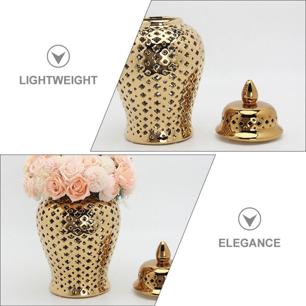 Ceramic Ginger Jar with Lid Lattice Decorative Temple Jar Cut Out Ceramic Vase and Kitchen Decoration Golden 22x10cm