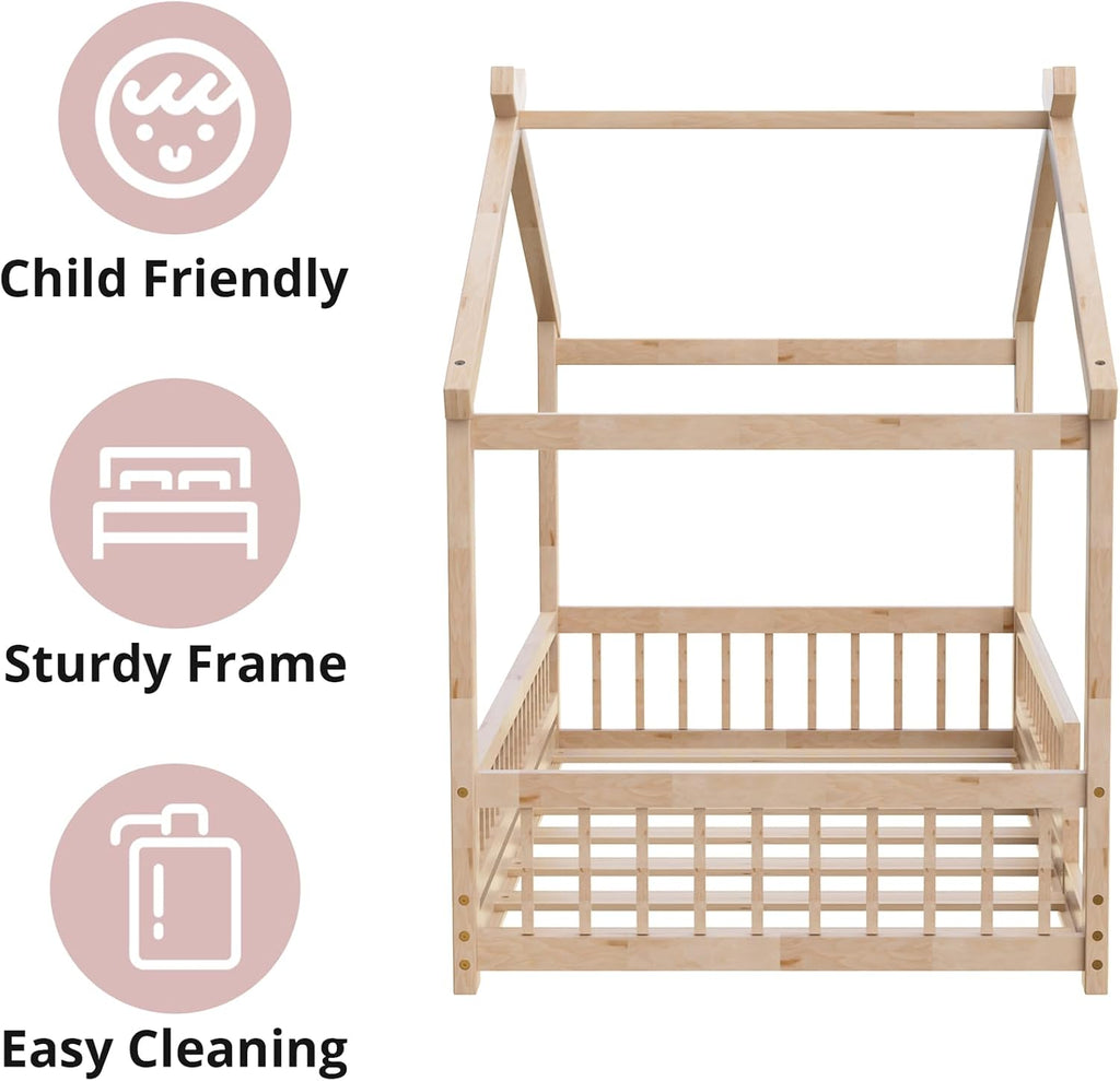 Tw Bed with Fence, Wooden Montessori Bed with Slats Support, Floor Bed Frame for Boys Girls Bedroom, Natural