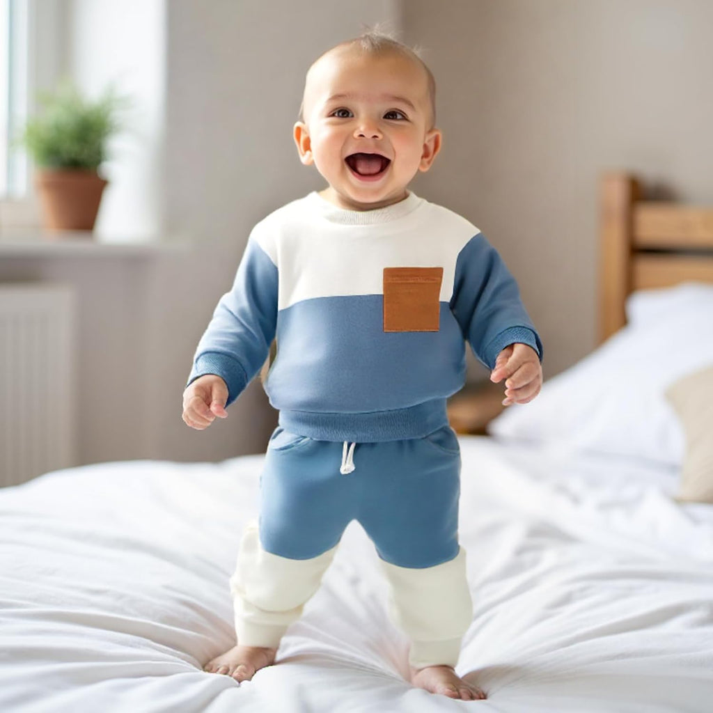 Toddler Baby Boy Clothes Color Block Long Sleeve Sweatshirt Pullover Tops + Solid Pants Spring Fall Winter Outfits