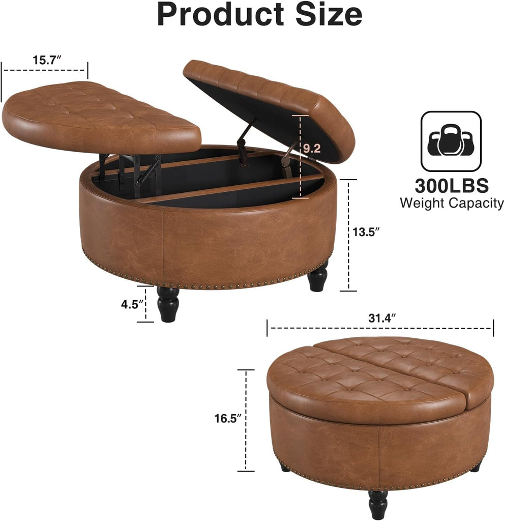 30 Inch Large Round Ottoman with Storage Circular,Brown | Leather Coffee Table with Lift Top,Modern Upholstered