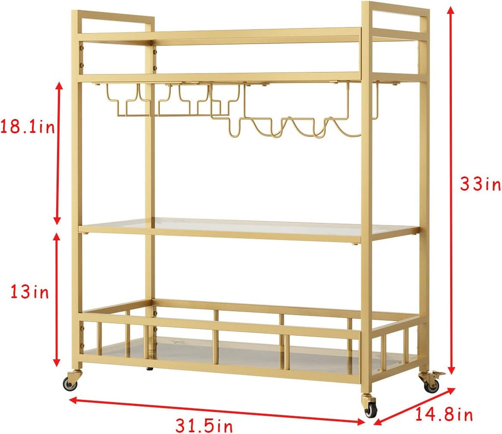 Bar Cart Gold with Bottle Storage and Wine Glass, Rolling Serving Bar Cart on Wheels Indoor & Outdoor, Patio, Gold