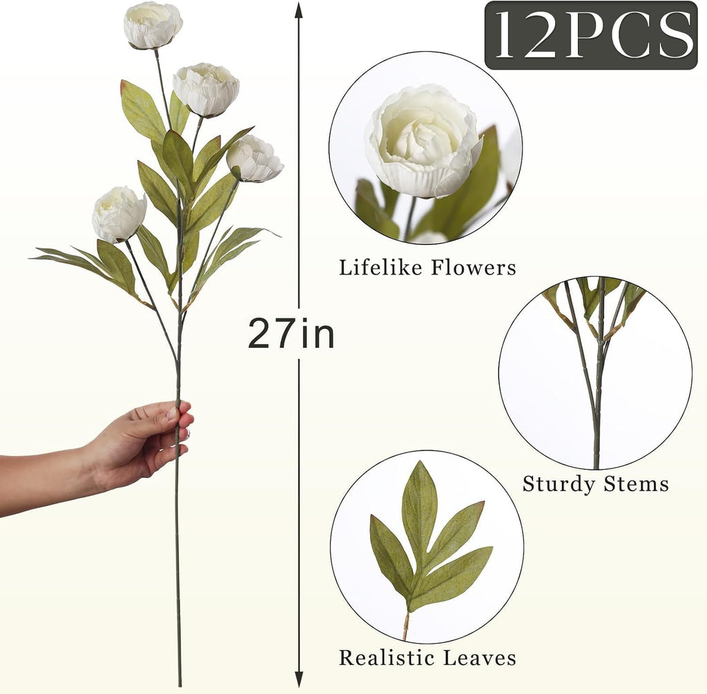 27" Faux Silk Peony Artificial Flowers Stems for Vase (Cream) - Set of 12