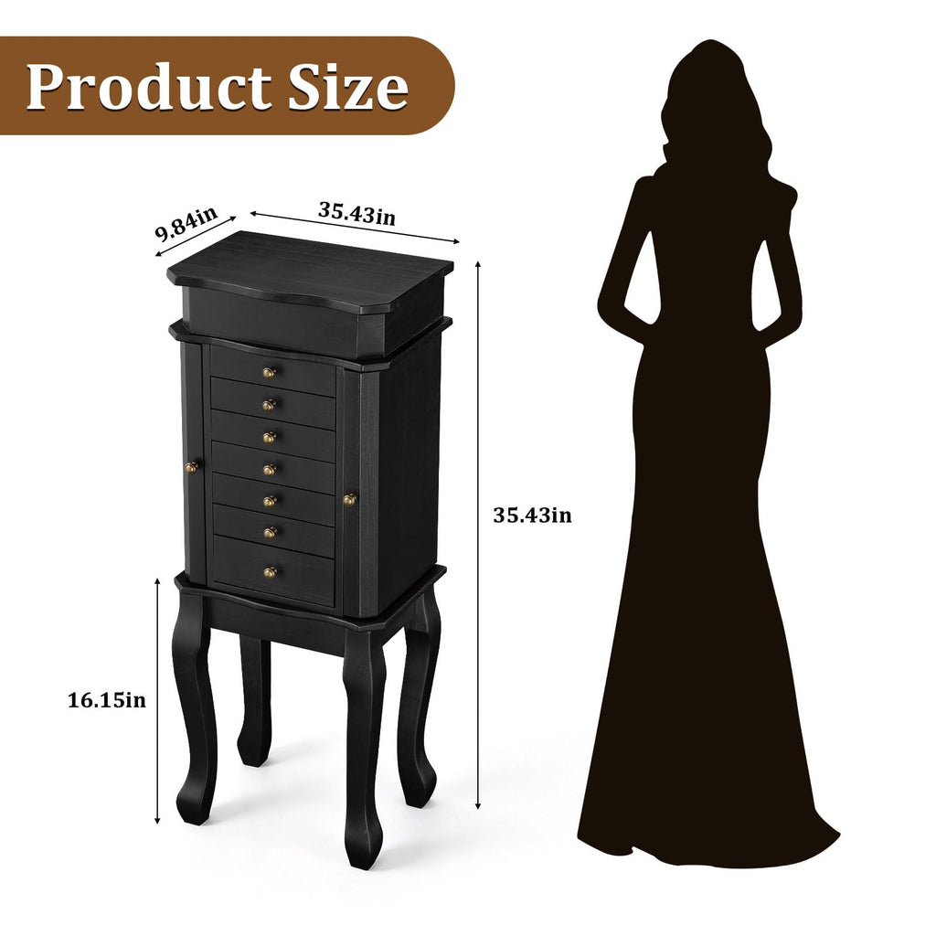 Standing Jewelry Armoire Cabinet, Large Freestanding Jewelry Organizer Box with Mirror, 7 Drawers & 2 Side Doors