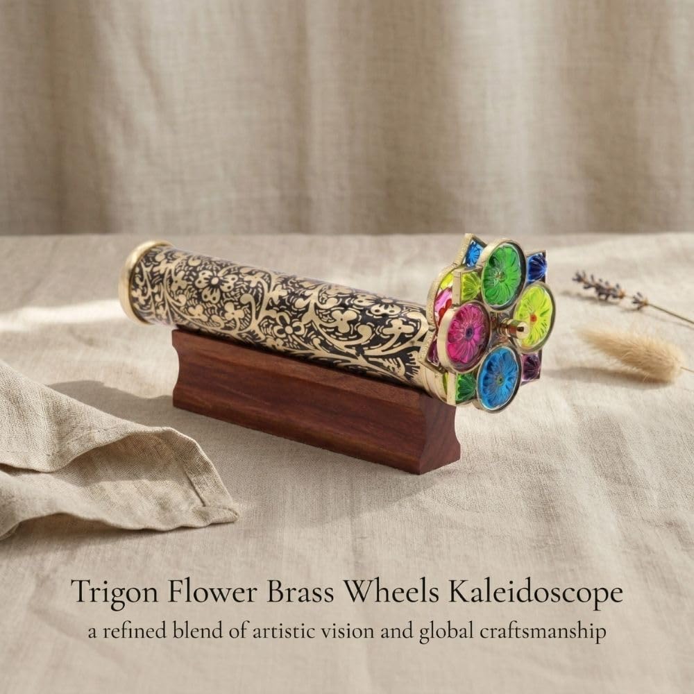 Handmade Giant Trigon Flower Brass Kaleidoscope - Stunning Visual Display with Hardwood Base - Unique Gift