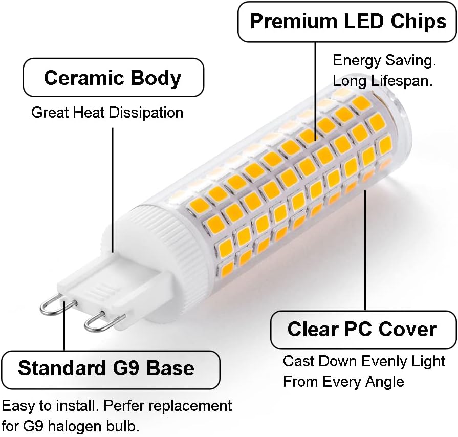 G9 LED Bulb 10W, 100W G9 Halogen Bulb Equivalent, 1200LM, AC 100V-265V, Daylight White 6000K, Non-Dimmable G9 Bulbs