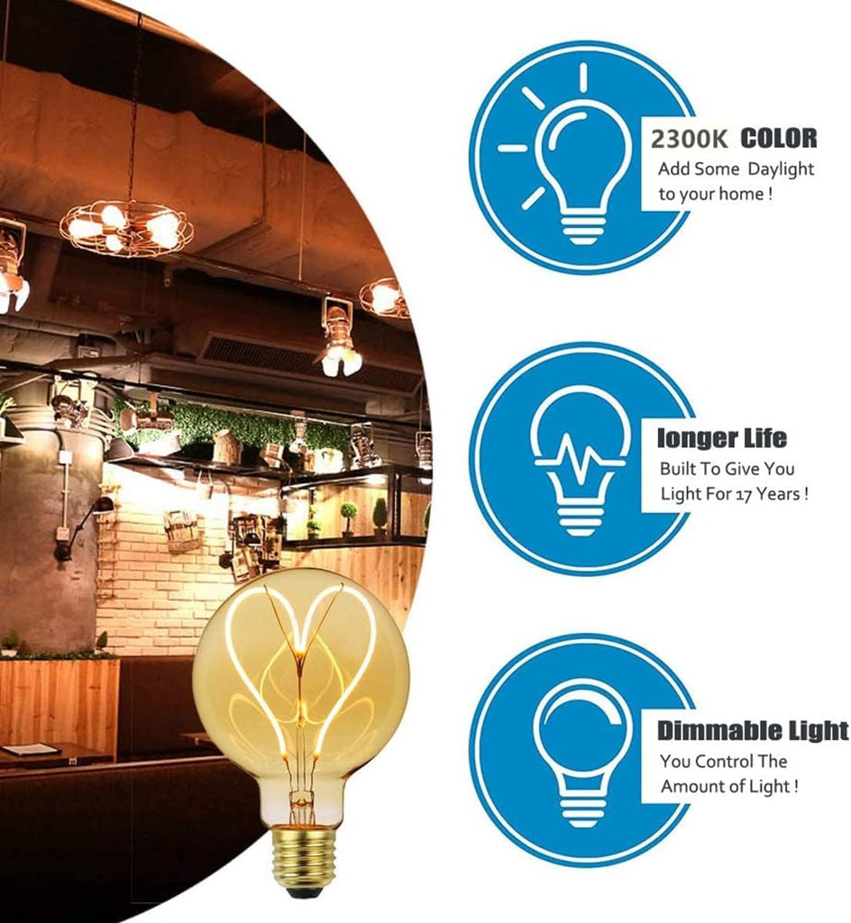 G95 Led Edison Bulb 4W Dimmable Heart Led Filament Vintage 110/130V E26 Decorative Light Bulb,2300K Warm Yellow Amber