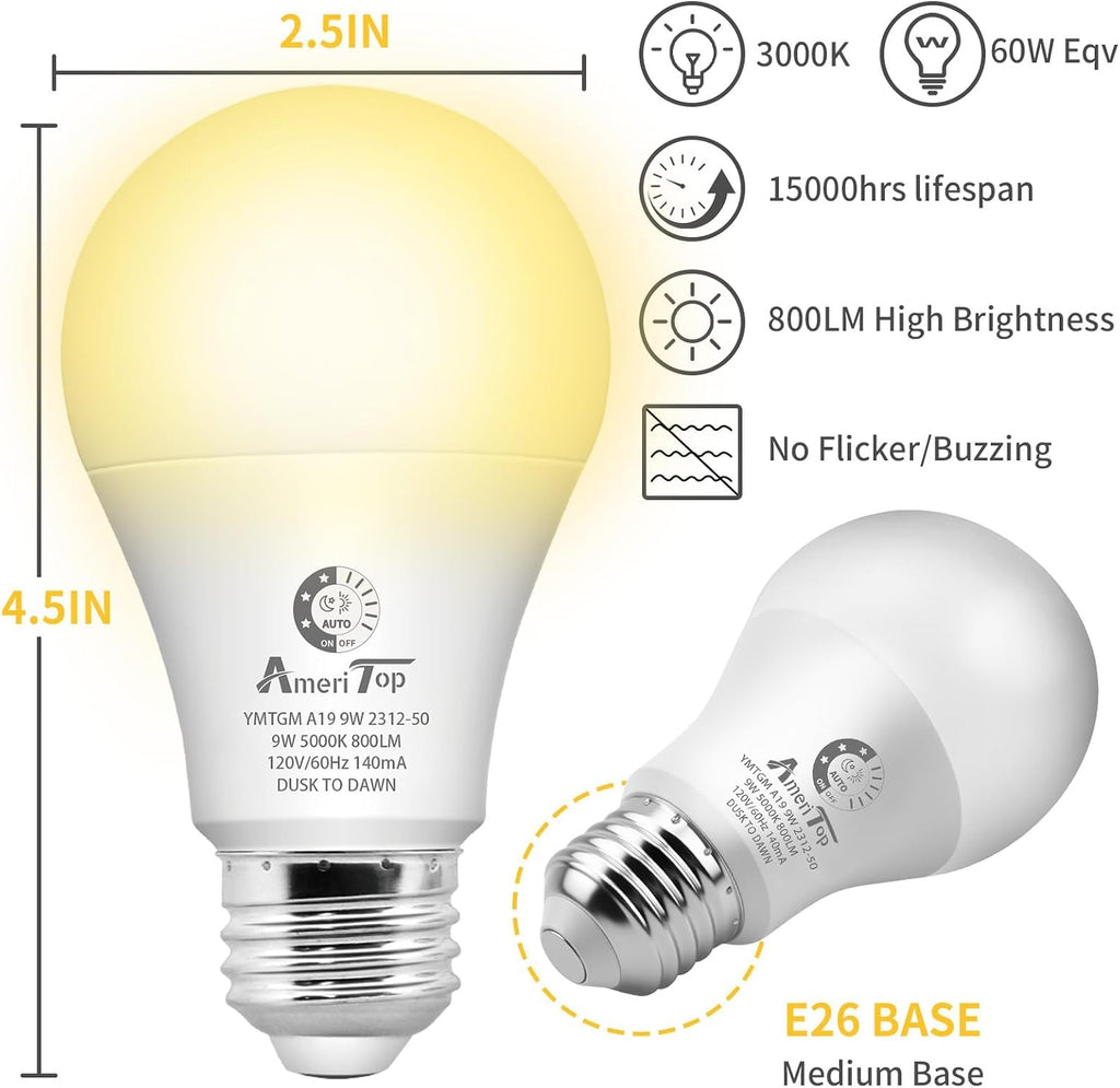 Dusk to Dawn Light Bulbs 5 Pack, A19 LED Sensor Bulbs, 3000K Warm White