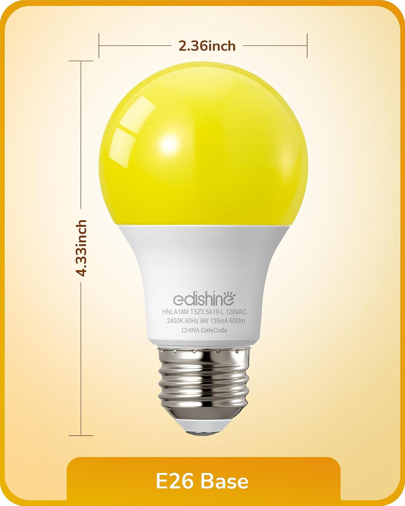 9W A19 Yellow Bug Light Bulbs, 2400K Amber E26 8-Pack