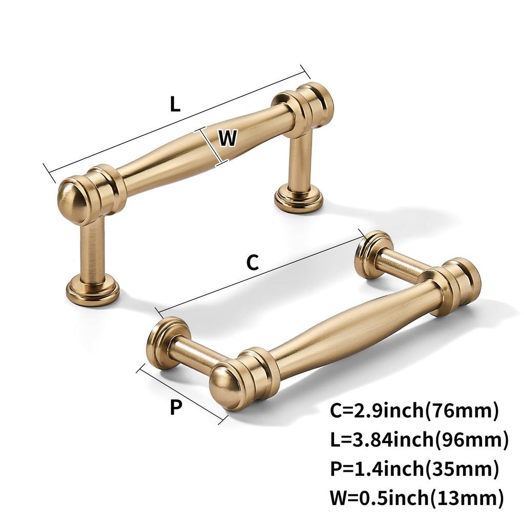 10 Pack 3inch(76mm) Hole Center Brushed Brass Cabinet pulls Satin Brass Solid Heavy-Duty Tradition Kitchen Cabinet