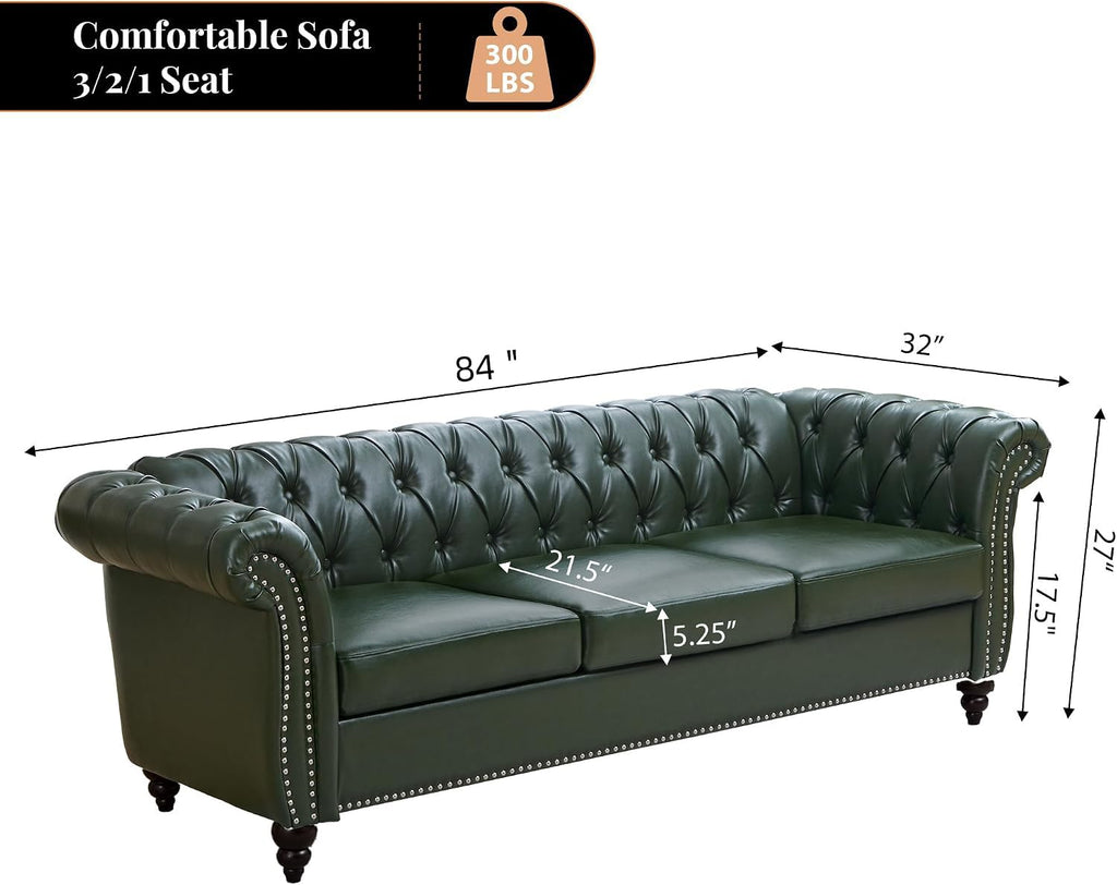 Chesterfield Sofa, 3 Seater Tufted Couch, Classic Button Tufted Upholstered Sofa, Modern Mid-Century PU Leather Sofa