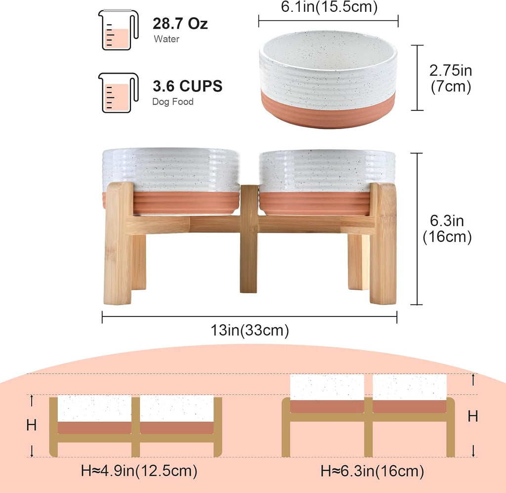 Elevated Dog Bowls Ceramic, 6.1'' Dogs and Cat Food Water Bowls Raised with Non-Slip Bamboo Stand for Medium Sized