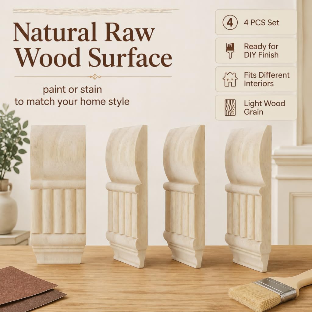 Rubber Wood Carved Corbels, 4PCS 7.55in Unfinished Decor Brackets
