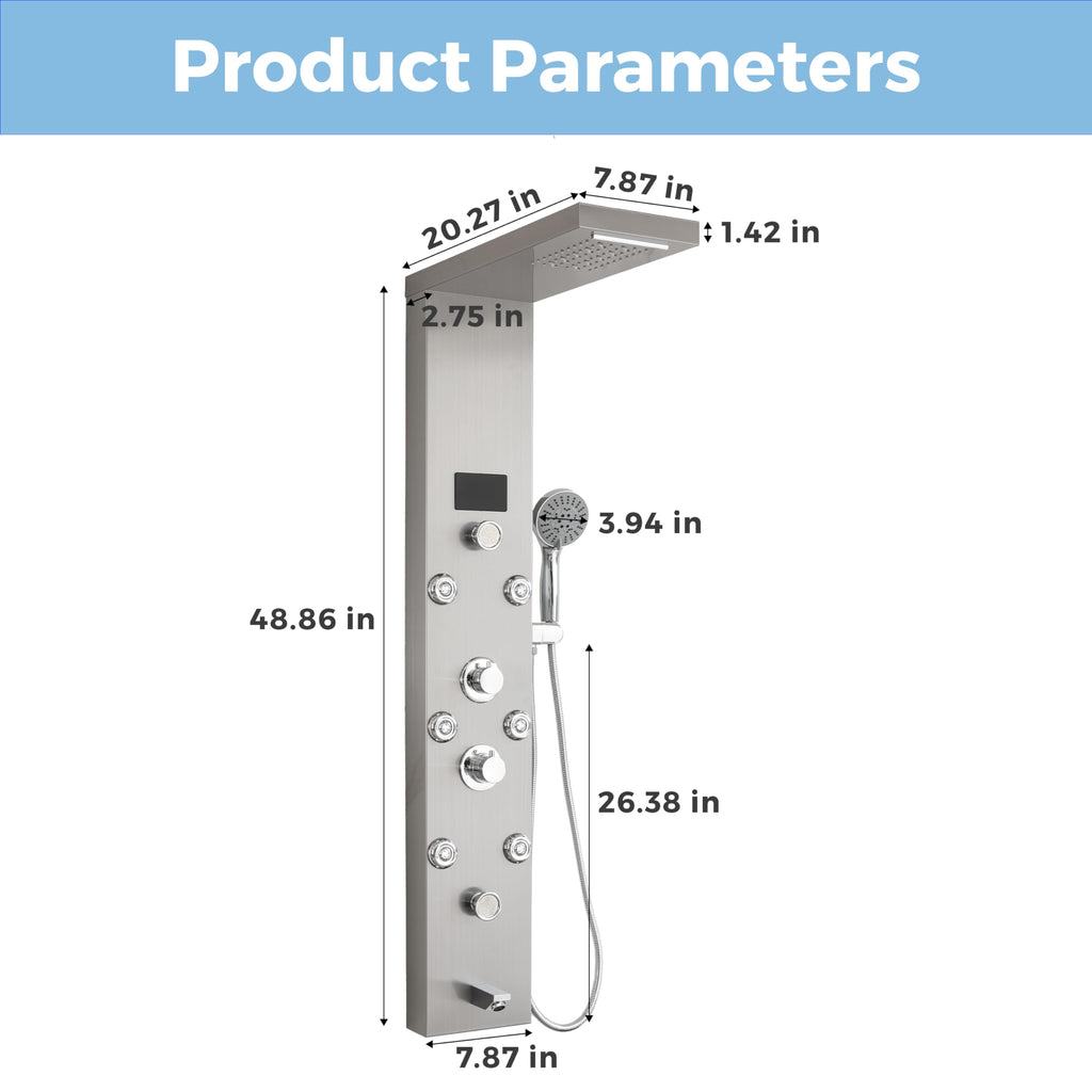 LED Stainless Steel Shower Tower, 5-Function Shower Panel Tower