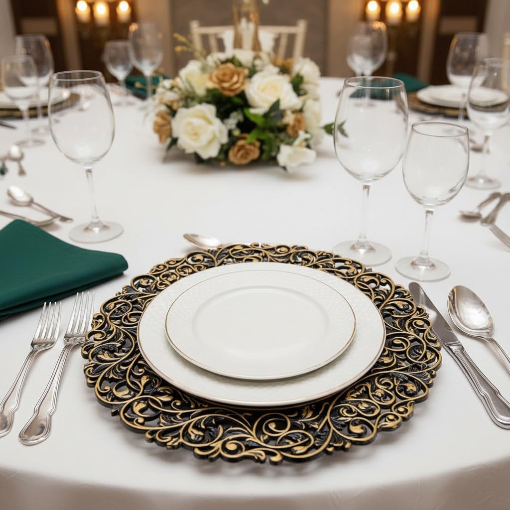 13inch Round Plastic Charger Plates, Set of 8, Charger Plates for Dinner, Wedding, Party, Event Decoration. (Black gold