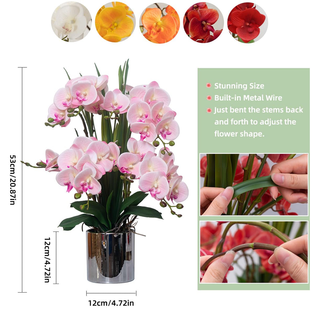 Artificial Orchid Flower Plants Real Touch Faux Orchids in Ceramic Vase 20.9'' Pink Phalaenopsis Orchid Fake Flower