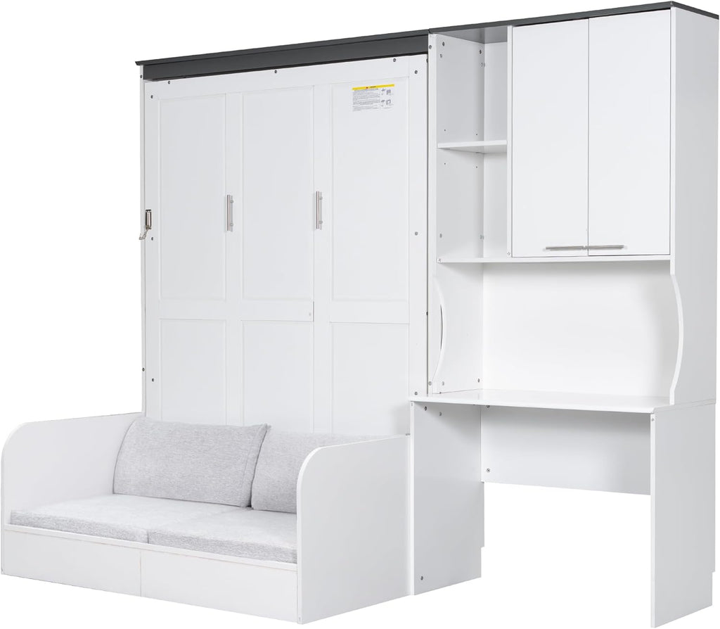 Queen Wood Murphy Bed with Upholstered Sofa & Desk, Multifunctional Foldable Wall Platform Bed for Guest-Room