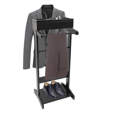 Wooden Valet Stand, Clothes Valet Stand for Men Freestanding Suit Clothes Valet with Drawer, Tray, Contour Hanger