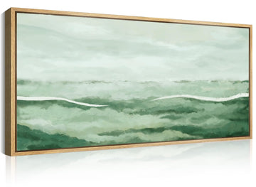 Large Green Abstract Framed Wall Art 20x40 Inch Sage Green Landscape Canvas Wall Decor Beige Neutral Watercolor Lake