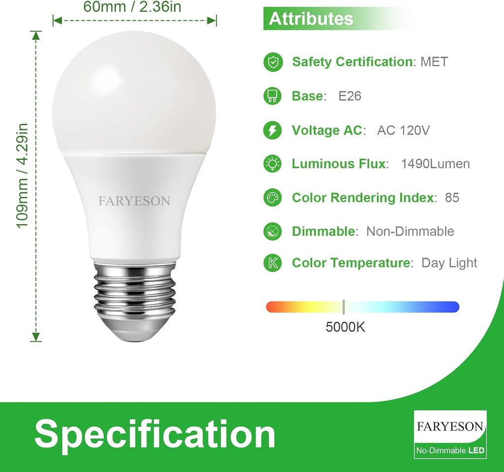 A19 E26 LED Light Bulbs, Energy-Efficient 9.5W, 1490 Lumens, 100 Watt Equivalent, 5000K Daylight White, 30,000 Hour