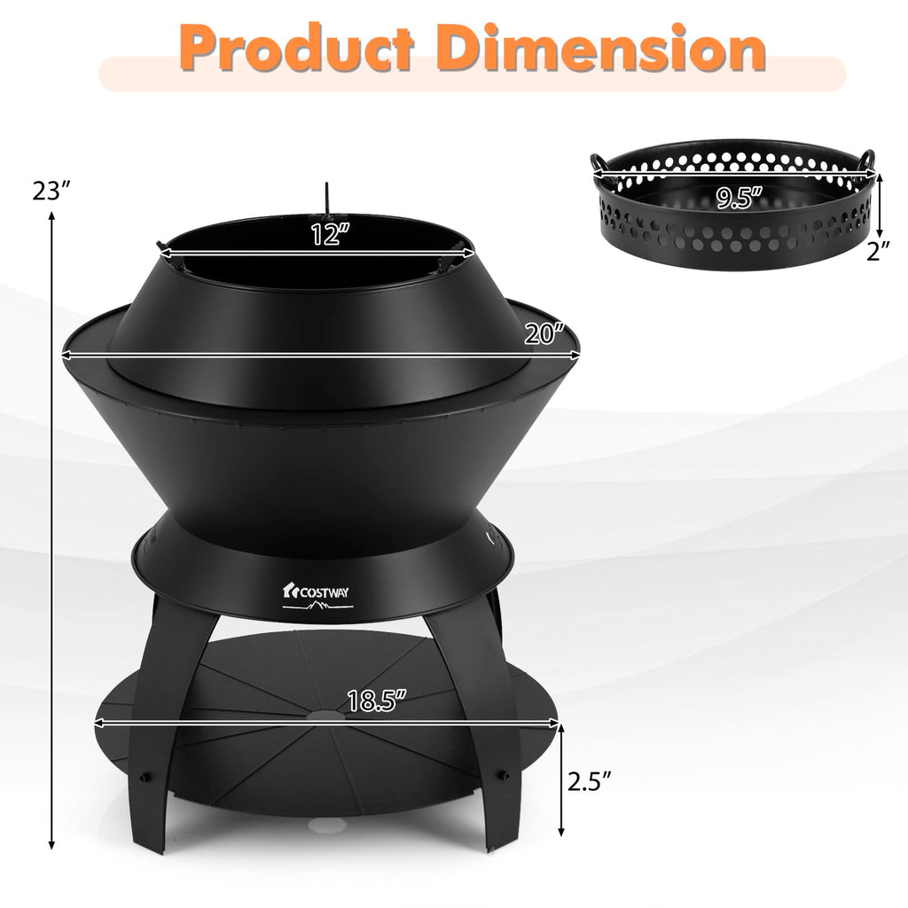 3-in-1 Outdoor Fire Pit, 20" Wood Burning Fire Pits with Removable Wok Ring, Ash Pan & Storage Shelf, Oxygen-Enriched