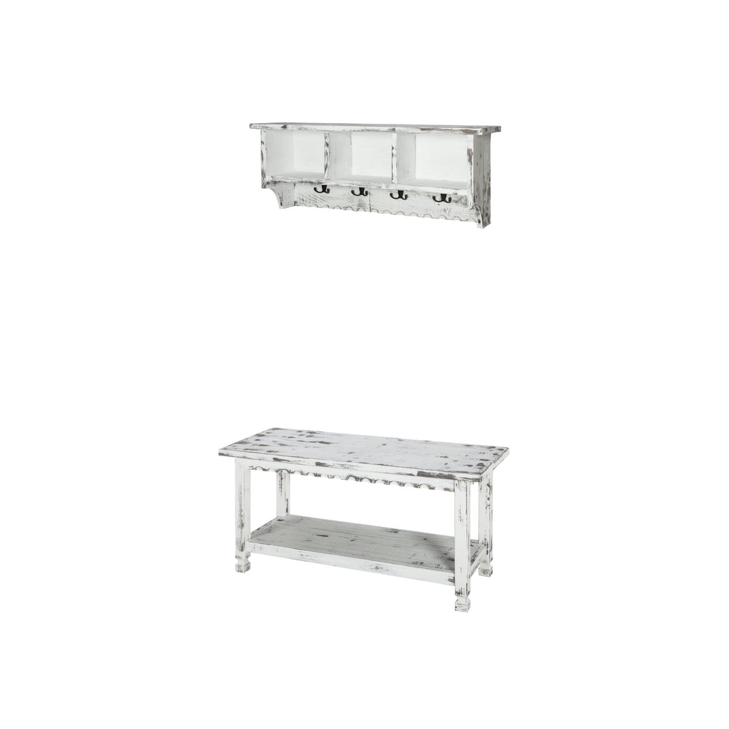 Country Cottage 36" Entryway Coat Rack and Bench Set - Wall Mounted Coat Hanger with 3 Cubbies, 4 Double Hooks &