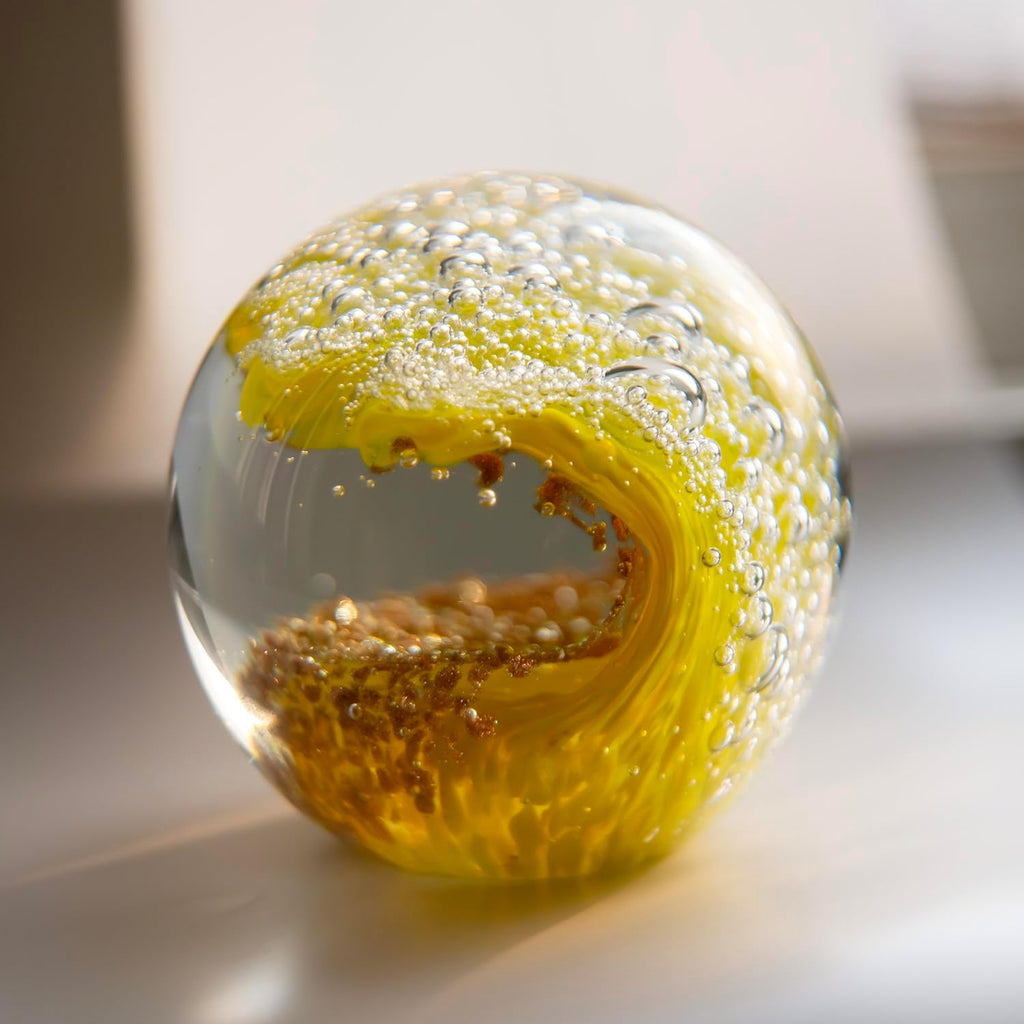 Hand-Blown Glass Ocean Wave Paperweight, 3.15" Solid Art Sculpture, Vibrant Yellow & Gold Nautical Desk Decor