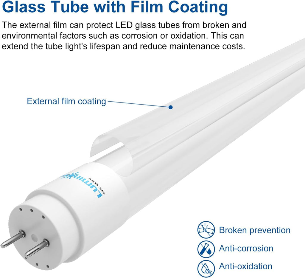 T8 LED Bulbs 4 Foot 18W, Film Coating Glass Tube, 5000K 10 Pack