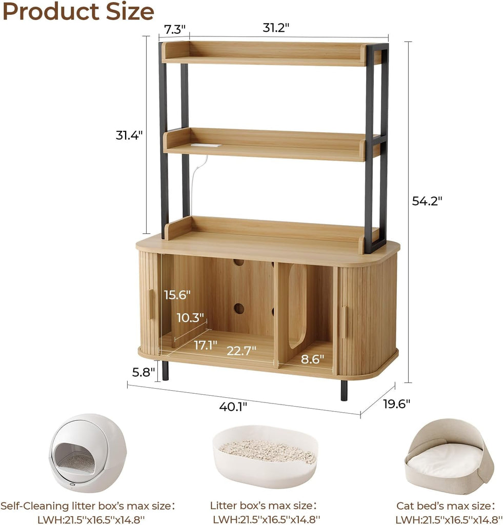 54 in Cat Litter Box Enclosure with Shelves&Charing Station, Oak