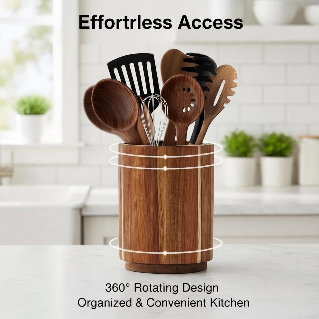 360° Rotating Acacia Wood Kitchen Utensil Holder, Large Capacity Countertop Cooking‐Tool Organizer with Non‐Slip Base