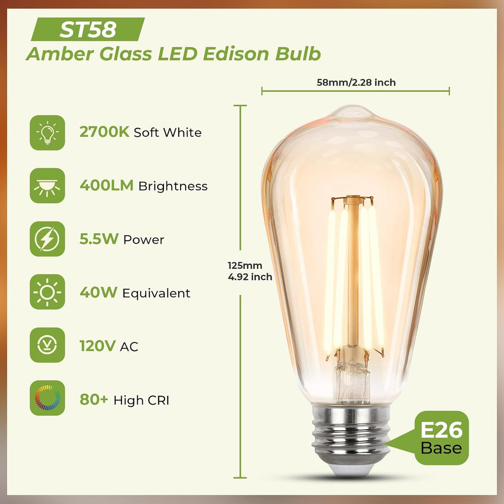 Vintage LED Edison Bulbs 40 watt Equivalent, Dimmable E26 Light Bulb 2700K Soft Warm White, Amber Glass ST58 Vintage