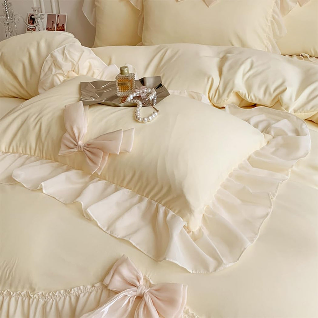 Ruffled Bedding Bow Duvet Cover Set with Butterfly Tie, Comforter Cover Set, Shabby Chic Bedding Set, Romantic