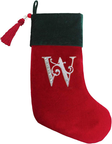 Christmas Stocking Red & Green Velvet w/Tassel, Rhinestone Monogram W